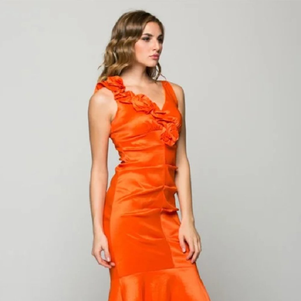 Solid V Neck Evening Taffeta Mermaid Dress